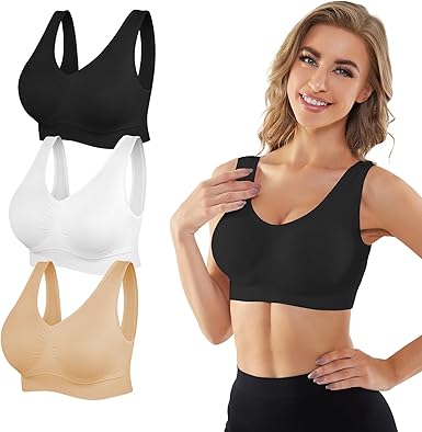 YADIFEN 3 Pack Womens Sports Bras，Wireless Comfortable Seamless Sleep Yoga Sports Bras for Women with Removable Pads