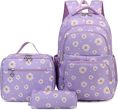 Sacs à dos imprimés marguerites Goldwheat avec trousse à déjeuner et 3 pièces, cartable léger et résistant à l'eau pour le collège
