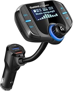 Transmetteur FM Bluetooth, adaptateur radio sans fil Sumind, kit mains libres pour voiture avec écran 1,7 pouces, ports USB QC3.0 et Smart 2,4 A, entrée/sortie AUX, lecteur MP3 et carte TF.